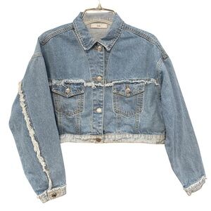Adika Cropped Denim Jacket Blue Distressed Raw Hem Frayed Edges Women’s Medium